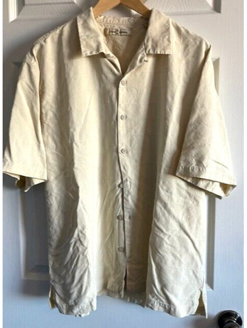 Tommy Bahama Mens Short Sleeve Shirt 100% Silk Light Pale Yellow Embroidered XL